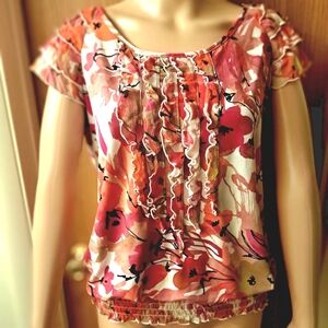Floral Nue Options Ruffled Lighweight Pullover Blouse Flutter Sleeves medium